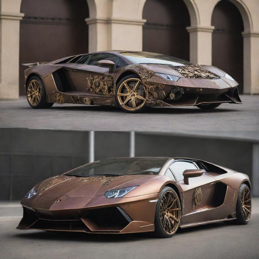 A Lamborghini fused with a steampunk theme, where the contemporary elegance of the car intertwines with the intricate antiquated mechanical elements typical of steampunk.