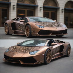 A Lamborghini fused with a steampunk theme, where the contemporary elegance of the car intertwines with the intricate antiquated mechanical elements typical of steampunk.