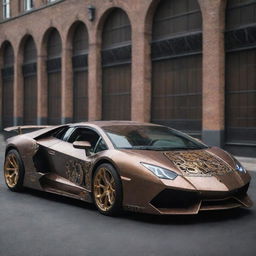 A Lamborghini fused with a steampunk theme, where the contemporary elegance of the car intertwines with the intricate antiquated mechanical elements typical of steampunk.