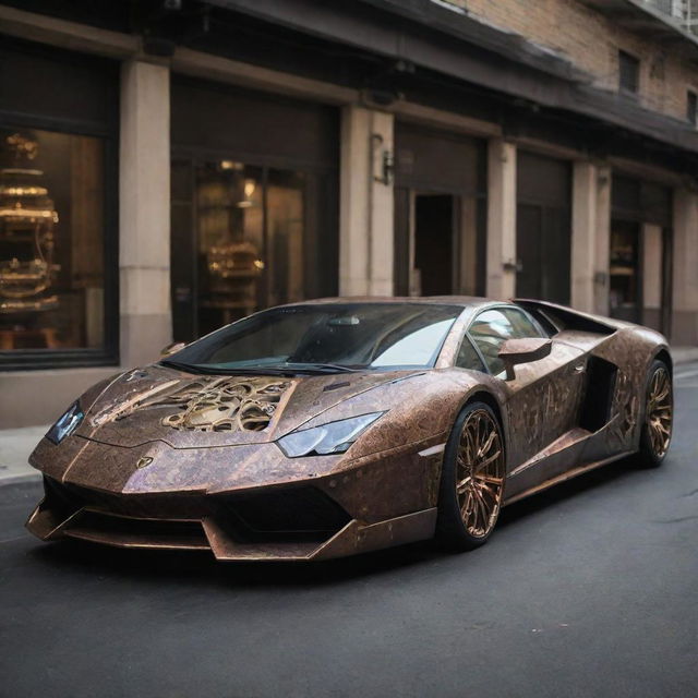 A Lamborghini fused with a steampunk theme, where the contemporary elegance of the car intertwines with the intricate antiquated mechanical elements typical of steampunk.