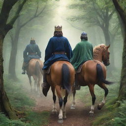 Anime style image of a young king and a wizard seated on separate horses, seen from behind, journeying through an enchanting forest.