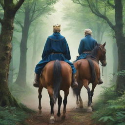 Anime style image of a young king and a wizard seated on separate horses, seen from behind, journeying through an enchanting forest.