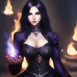 A beautiful 23-year-old medieval girl with big boobs, black hair, and purple eyes