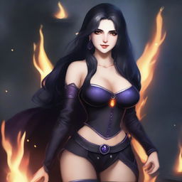 A beautiful 23-year-old medieval girl with big boobs, black hair, and purple eyes