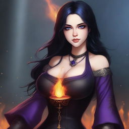 A beautiful 23-year-old medieval girl with big boobs, black hair, and purple eyes