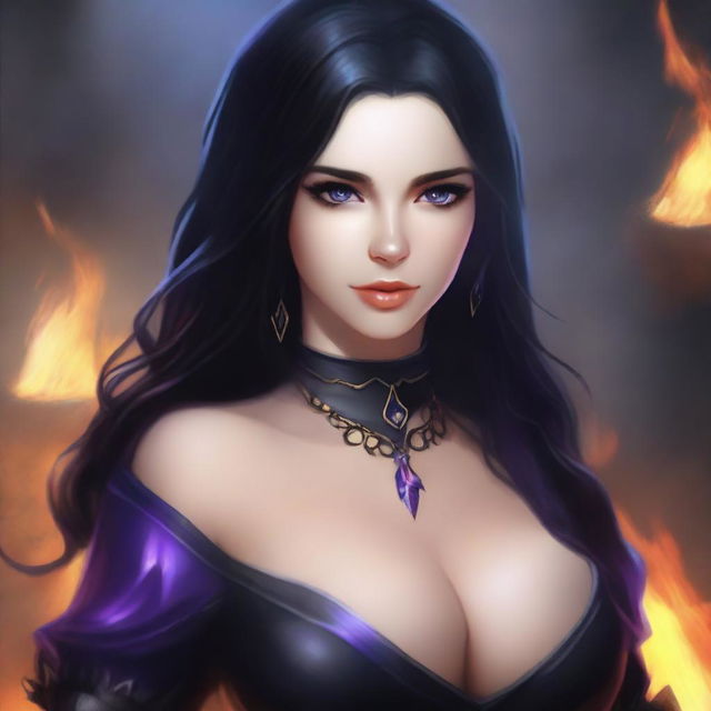 A beautiful 23-year-old medieval girl with big boobs, black hair, and purple eyes