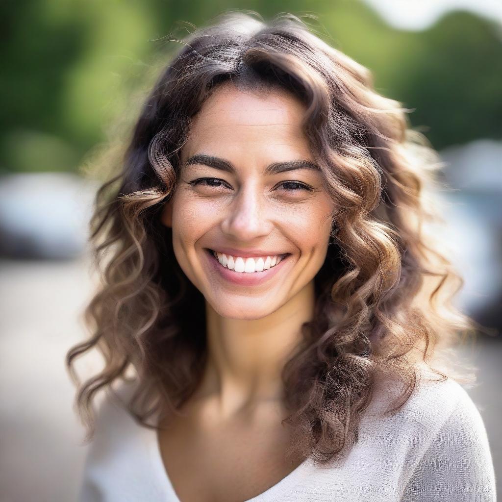 A portrait of a woman with a friendly smile, wavy hair, and a casual outfit