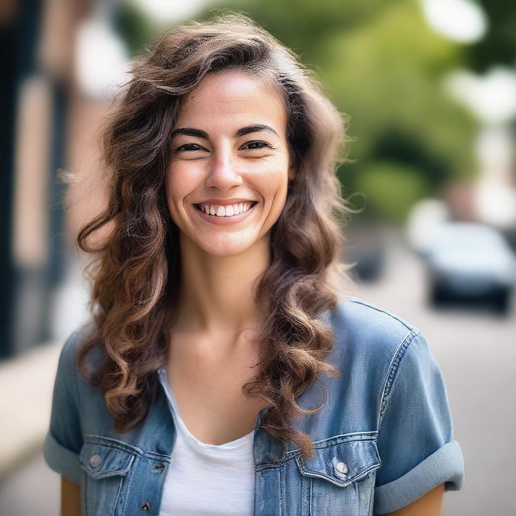 A portrait of a woman with a friendly smile, wavy hair, and a casual outfit