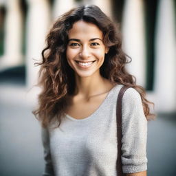 A portrait of a woman with a friendly smile, wavy hair, and a casual outfit