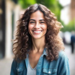 A portrait of a woman with a friendly smile, wavy hair, and a casual outfit