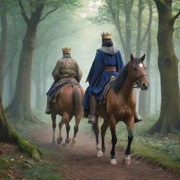 Anime style image of a young king and a wizard seated on separate horses, seen from behind, journeying through an enchanting forest.