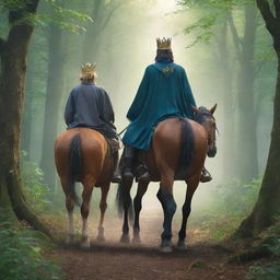 Anime style image of a young king and a wizard seated on separate horses, seen from behind, journeying through an enchanting forest.