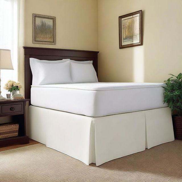 A corner of a bed with a clean bed skirt, placed in an optimal location within the room