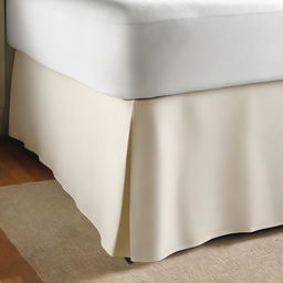 A corner of a bed with a clean bed skirt, placed in an optimal location within the room