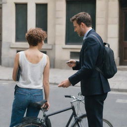 A man with a bicycle, holding his phone, watches a short-haired woman who stopped to say goodbye. She is standing nearby, turning her back to leave.