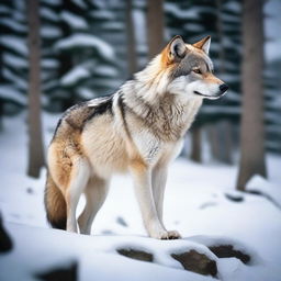 A high-quality image showing a wolf standing in a back pose