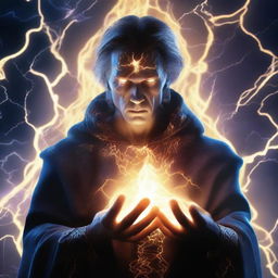 Create an image of a human sorcerer, his eyes glowing with electric energy