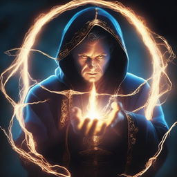 Create an image of a human sorcerer, his eyes glowing with electric energy