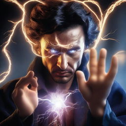 Create an image of a human sorcerer, his eyes glowing with electric energy