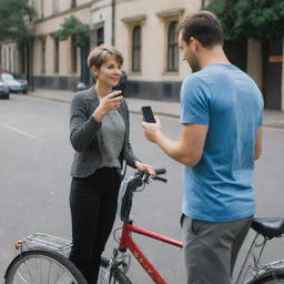 A man with a bicycle, holding his phone, watches a short-haired woman who stopped to say goodbye. She is standing nearby, turning her back to leave.