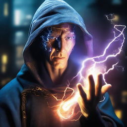 Create an image of a human sorcerer, his eyes glowing with electric energy