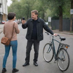 A man with a bicycle, holding his phone, watches a short-haired woman who stopped to say goodbye. She is standing nearby, turning her back to leave.