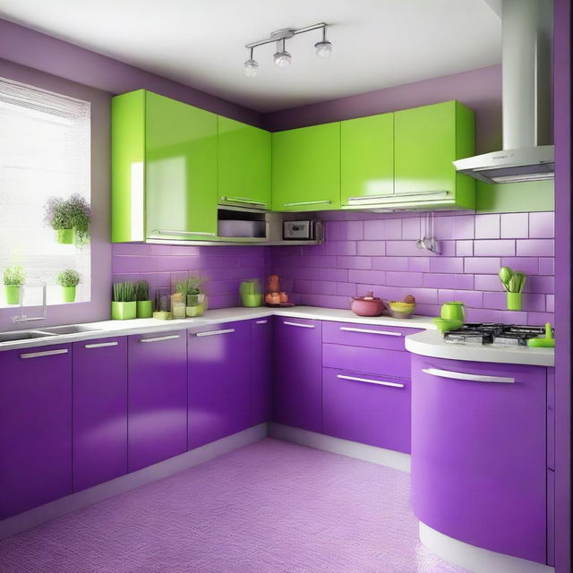 A kitchen with colors of purple, lilac, and green