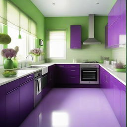 A kitchen with colors of purple, lilac, and green