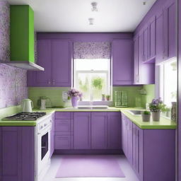 A kitchen with colors of purple, lilac, and green