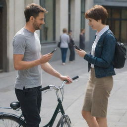 A man with a bicycle, holding his phone, watches a short-haired woman who stopped to say goodbye. She is standing nearby, turning her back to leave.