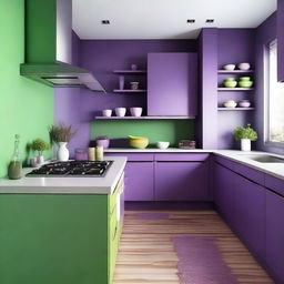 A kitchen with colors of purple, lilac, and green