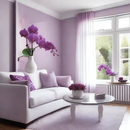 A living room with colors of orchid, lilac, and white