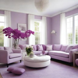 A living room with colors of orchid, lilac, and white