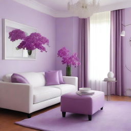 A living room with colors of orchid, lilac, and white