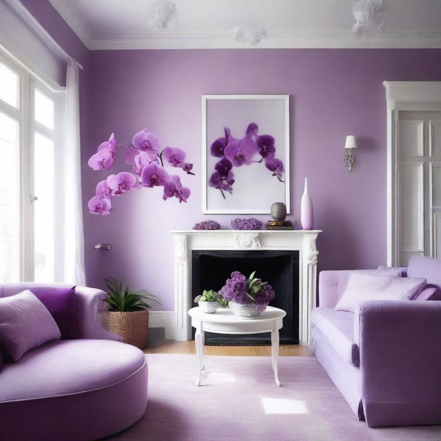 A living room with colors of orchid, lilac, and white