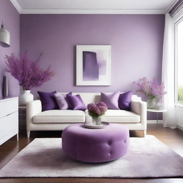 A living room with colors of purple, lilac, and white