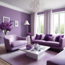 A living room with colors of purple, lilac, and white