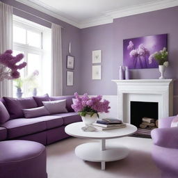 A living room with colors of purple, lilac, and white