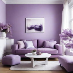 A living room with colors of purple, lilac, and white