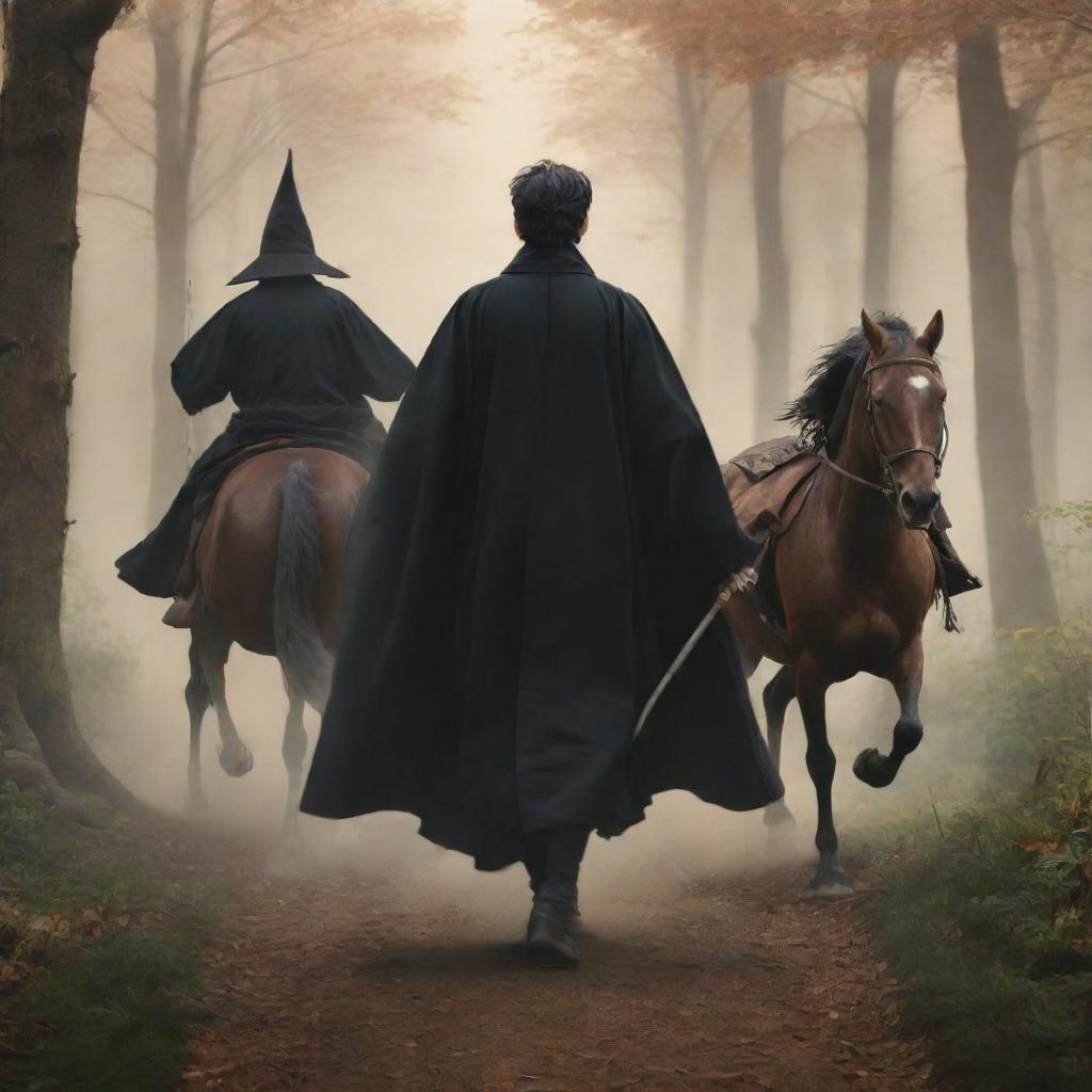 Anime style image showing the backs of a young king in a black robe without crown and a witch in a brown robe with staff, both riding different horses speeding through a forest.