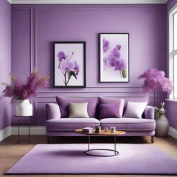 A living room with wall colors of purple and orchid, complemented by lilac and white