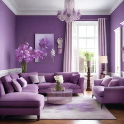 A living room with wall colors of purple and orchid, complemented by lilac and white