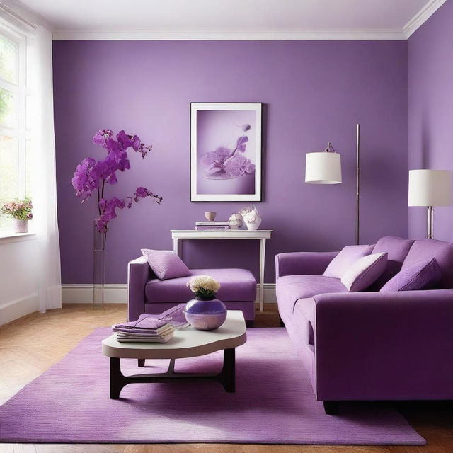 A living room with wall colors of purple and orchid, complemented by lilac and white