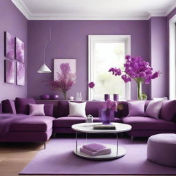 A living room with wall colors of purple and orchid, complemented by lilac and white