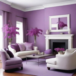 A living room with wall colors of purple and orchid, complemented by lilac accents and white sofas