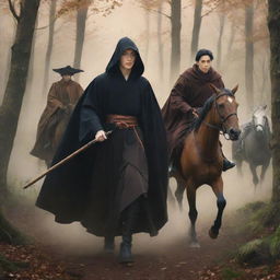 Anime style image showing the backs of a young king in a black robe without crown and a witch in a brown robe with staff, both riding different horses speeding through a forest.