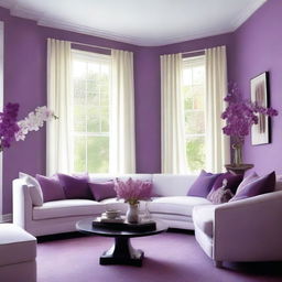 A living room with wall colors of purple and orchid, complemented by lilac accents and white sofas