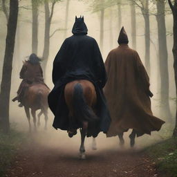 Anime style image showing the backs of a young king in a black robe without crown and a witch in a brown robe with staff, both riding different horses speeding through a forest.