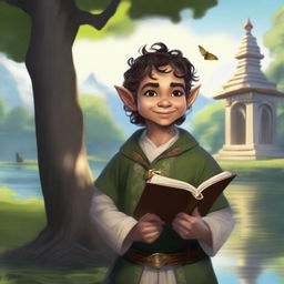 A vibrant and realistic digital art portrait of a halfling cleric