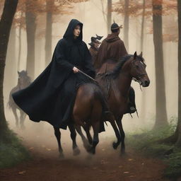 Anime style image showing the backs of a young king in a black robe without crown and a witch in a brown robe with staff, both riding different horses speeding through a forest.